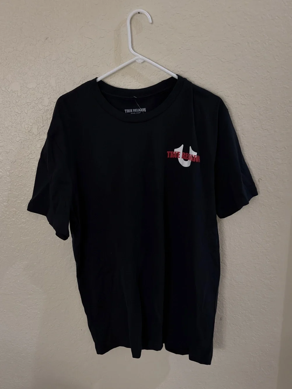 True Religion Black Short Sleeve Tee with Red & White Logo